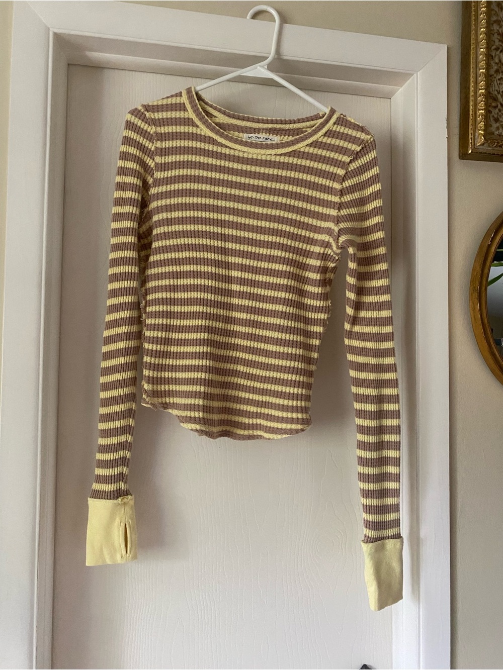 We The Free Yellow and Brown Striped Ribbed Long Sleeve Top